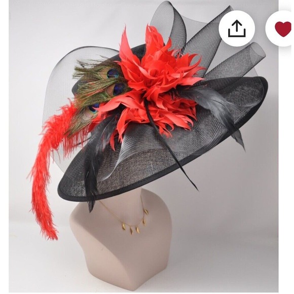 Black red feathers Flowers Kentucky Derby Tea Party Wide Brim Hat Handmade - Picture 4 of 10